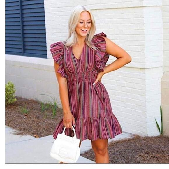 Pinch Dresses & Skirts - ANTHROPOLGIE Pinch medium burgundy green stripe linen ruffle Women dress mini
